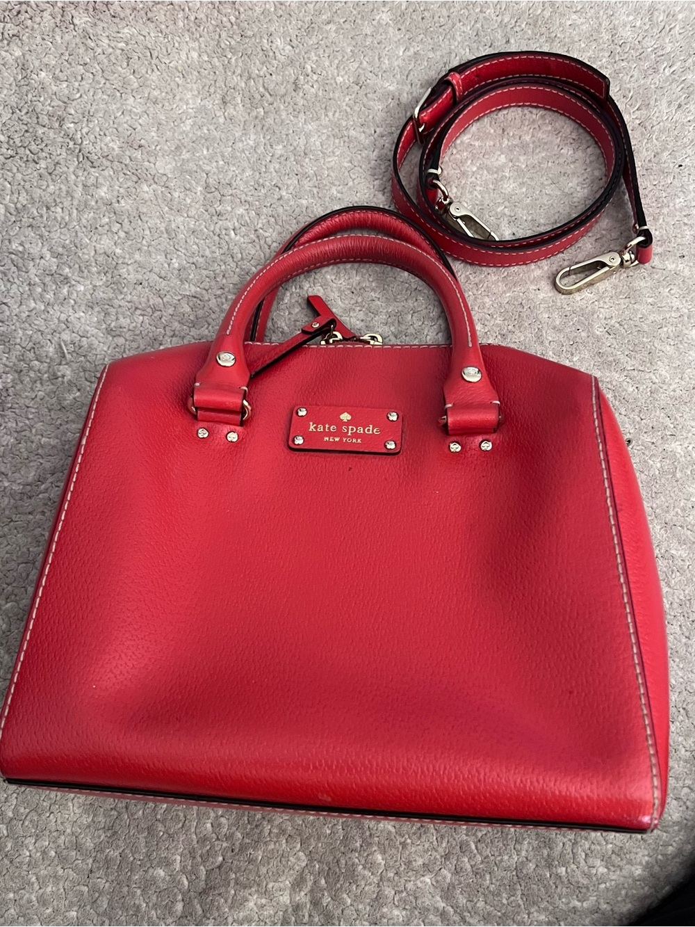 kate spade New York Staci red currant pebbled leather tote with detachable strap